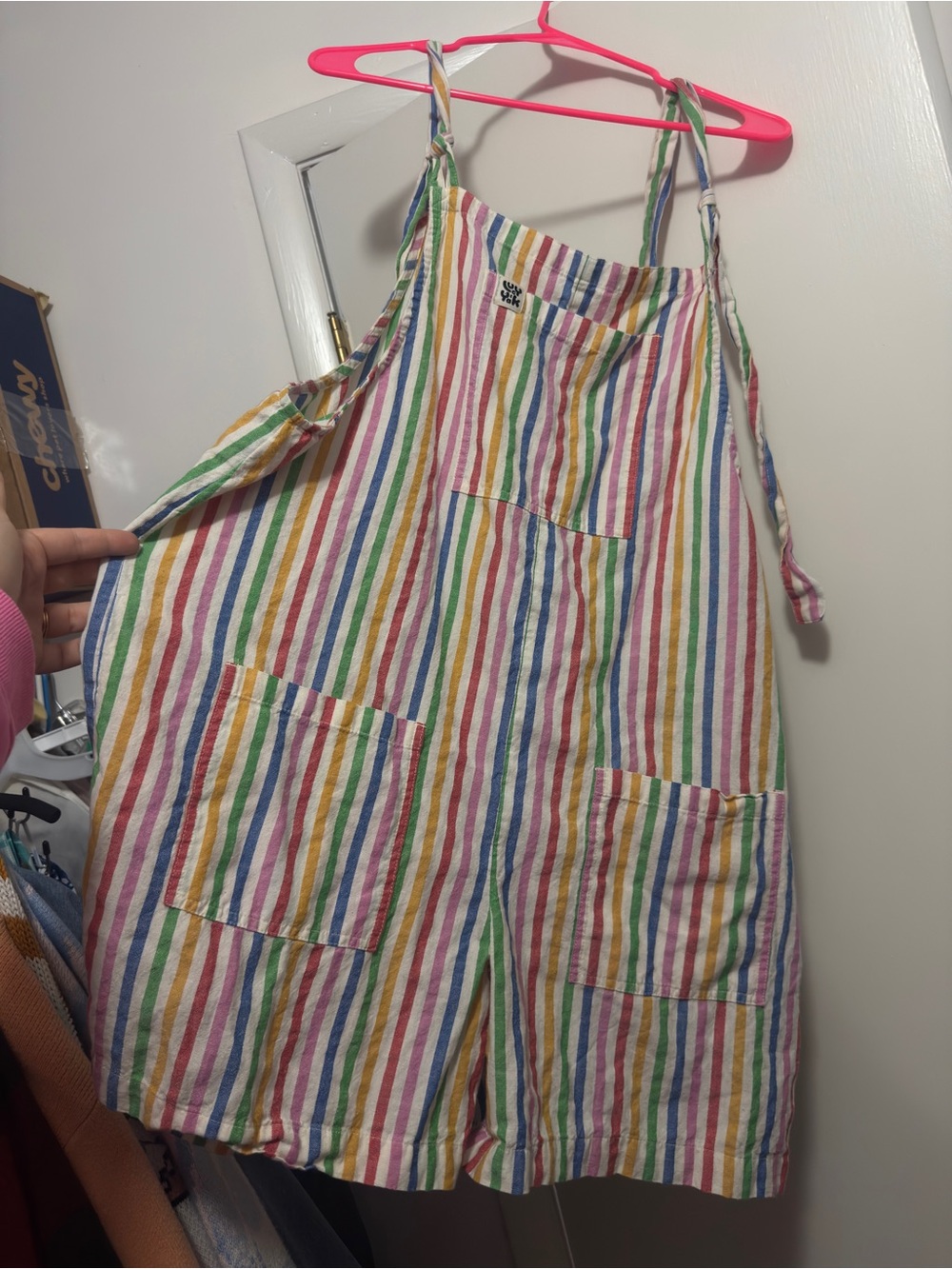 Lucy & Yak rainbow stripe short overalls women 18R size